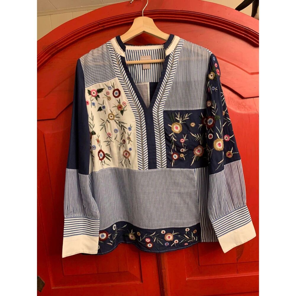 Chico's Size 2 Large 12 Patchwork Embroidery Top Blouse Shirt Floral Stripe EUC